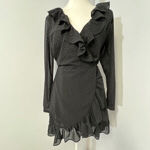 ALLSAINTS Niyah Shimmer Wrap Dress Black Ruffle V Neck Long Sleeve Mini S